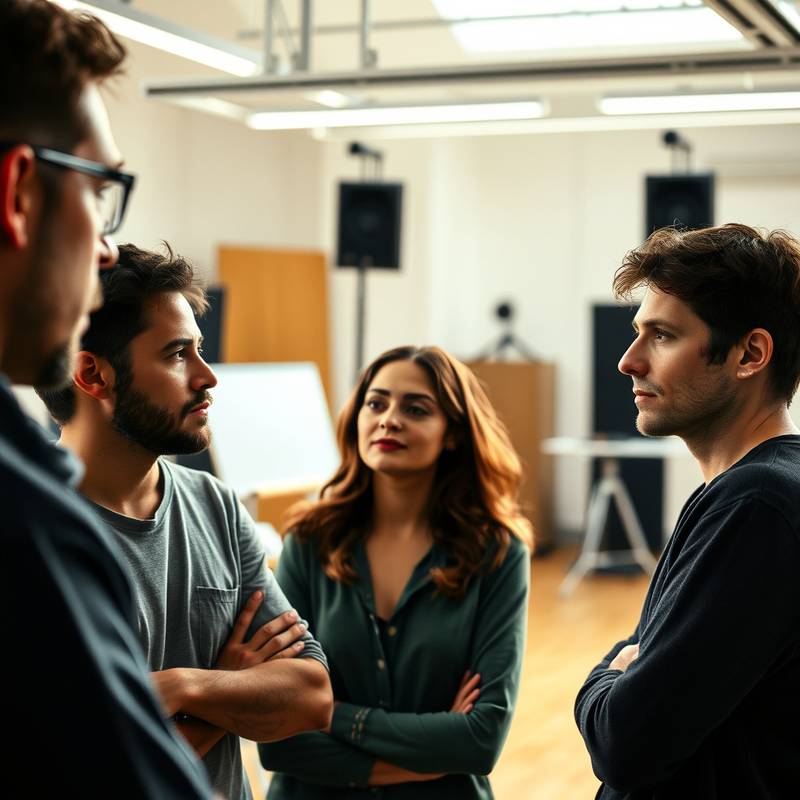 Schauspieler proben gemeinsam in einem Studio, konzentriert und engagiert
